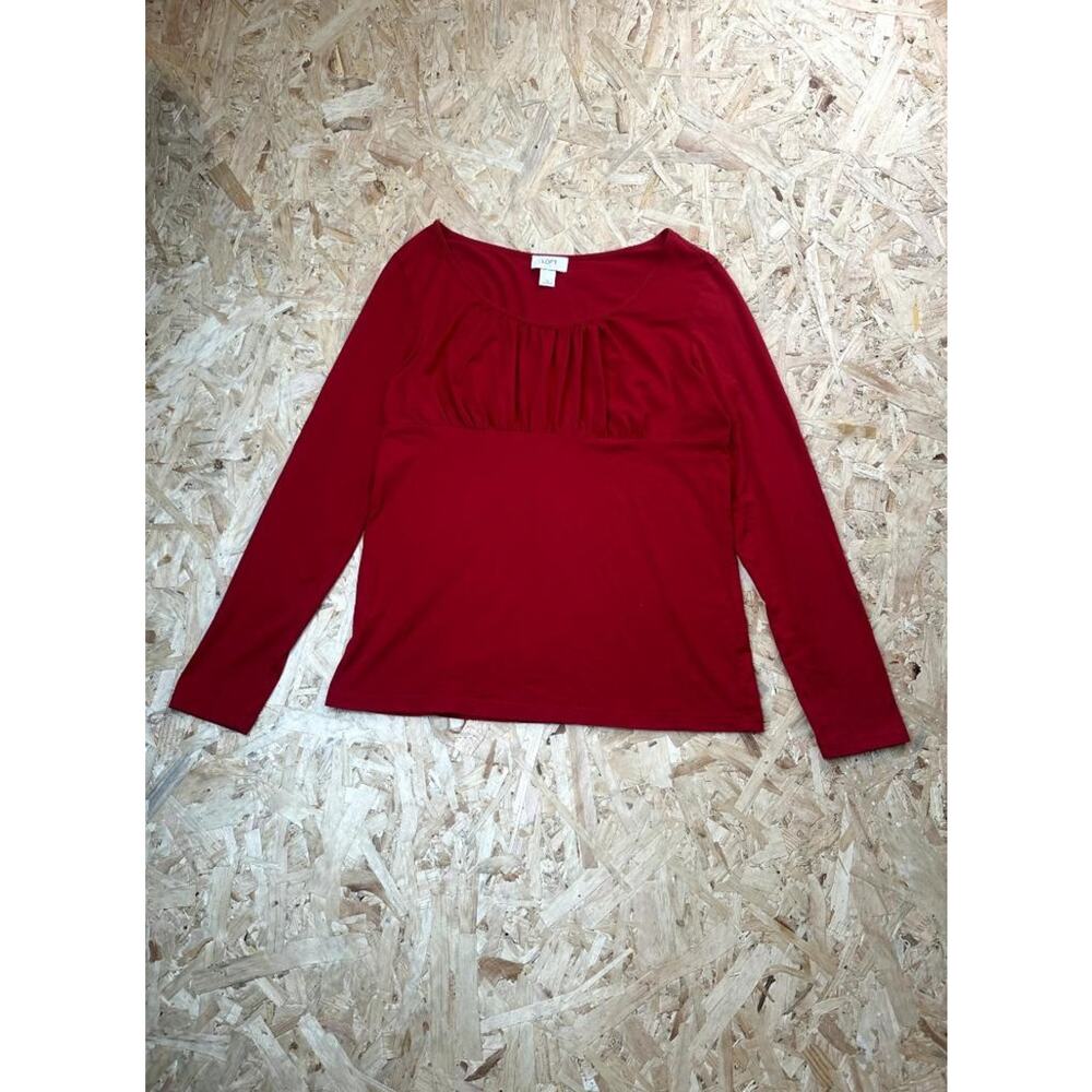 Loft Womens Red Long Sleeve Empire Waist Top Size Medium Ruched Scoop Neck Knit